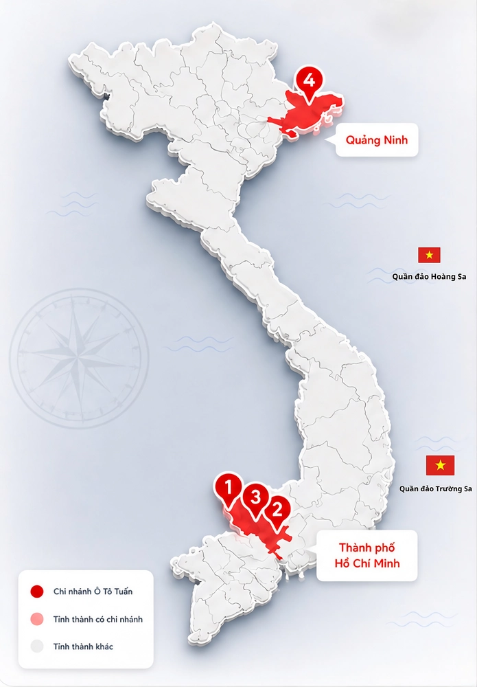 Bản đồ hệ thống chi nhánh Ô Tô Tuấn tại TP.HCM, Bình Dương và Quảng Ninh