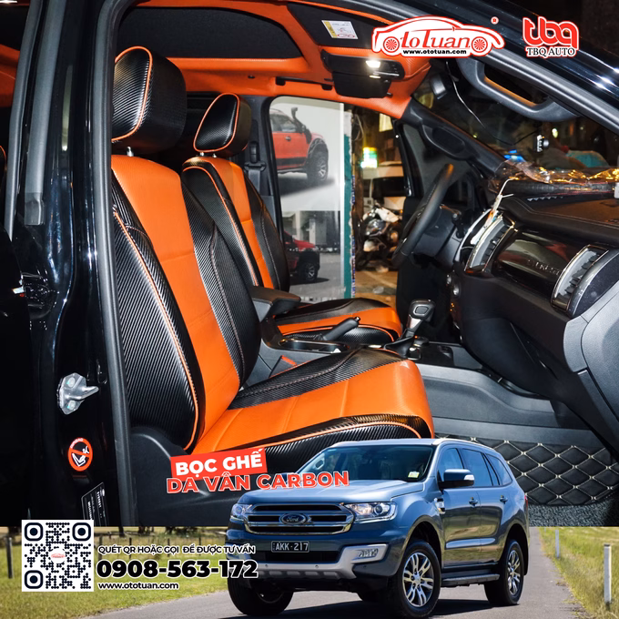 Ford Everest 2019 bọc ghế da vân carbon màu đen phối cam