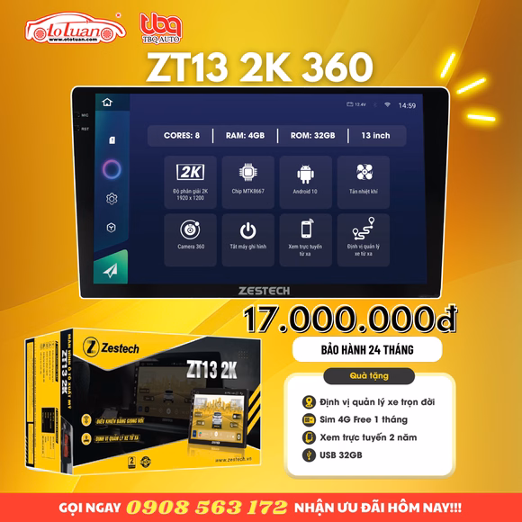Màn hình android Zestech 13 inch | Độ phân giải 2K | Camera 360