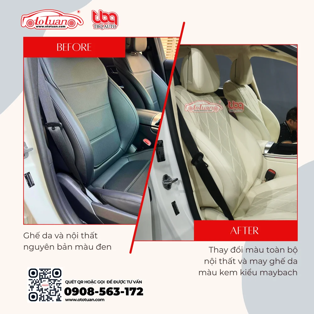 Mercedes C200 đổi màu nội thất từ đen sang kem và may ghế phong cách maybach