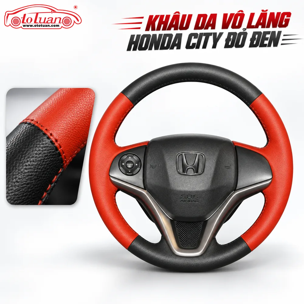 Khâu da vô lăng Honda City đỏ đen Khâu da vô lăng Honda City đỏ đen