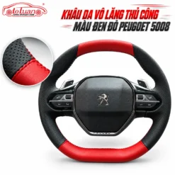 Khâu da vô lăng thủ công màu đen đỏ Peugoet 5008