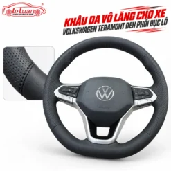 Khâu da vô lăng cho xe Volkswagen Teramont đen phối đục lỗ