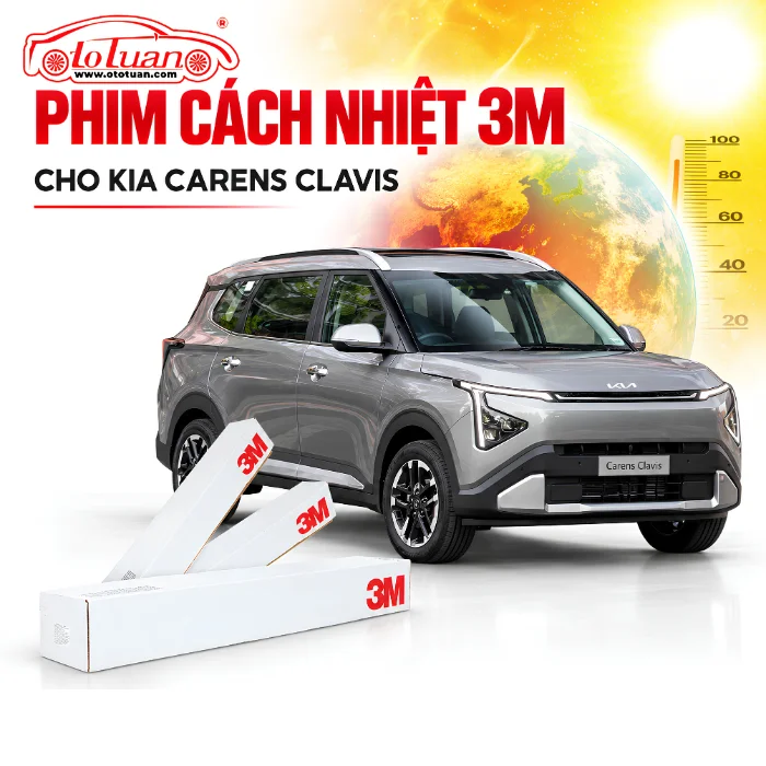 Ảnh minh họa Kia Carens Clavis cùng hộp phim cách nhiệt 3M và biểu tượng nắng nóng.