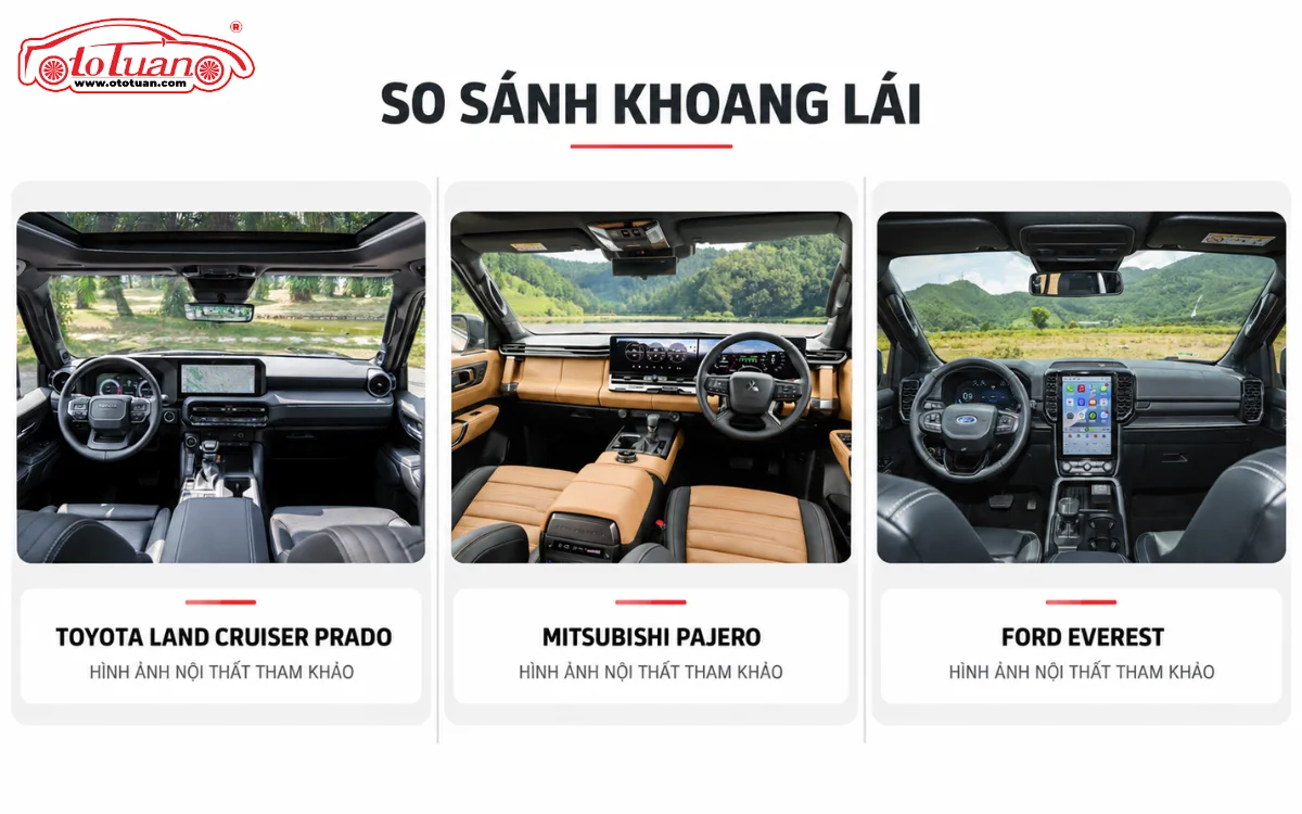 So sánh khoang lái Mitsubishi Pajero, Toyota Land Cruiser Prado và Ford Everest