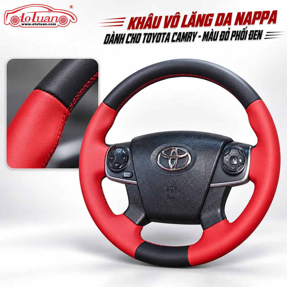 Khâu vô lăng da Nappa dành cho Toyota Camry - Màu đỏ phối đen Khâu vô lăng da Nappa dành cho Toyota Camry - Màu đỏ phối đen