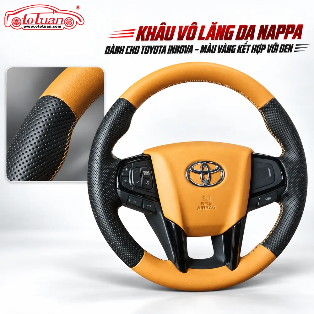 Khâu vô lăng da Nappa dành cho Toyota Innova – Màu vàng kết hợp với đen Khâu vô lăng da Nappa dành cho Toyota Innova – Màu vàng kết hợp với đen