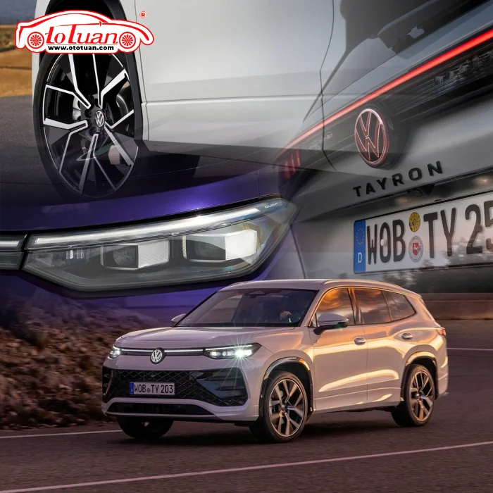 Ảnh ghép mâm xe, đèn trước, phần đuôi mang tên Tayron và xe Volkswagen Tayron màu trắng đang di chuyển.