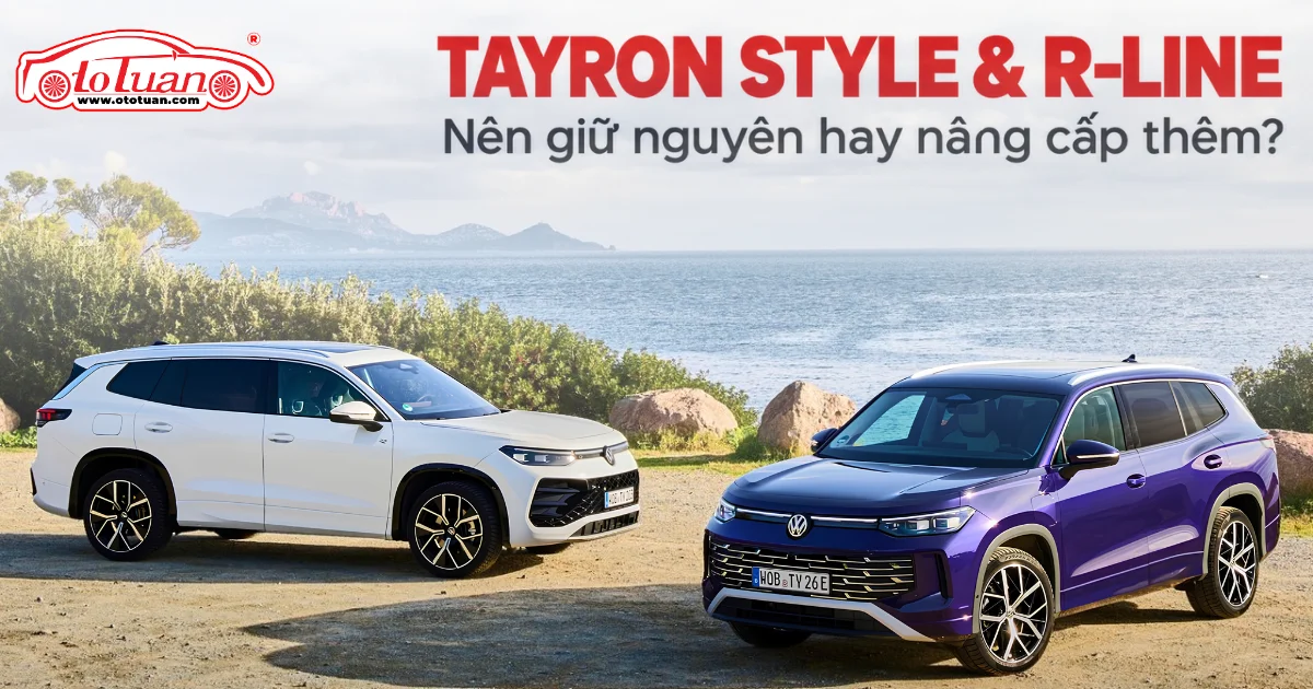 Hai xe Volkswagen Tayron màu trắng và tím bên bờ biển, trên ảnh có tiêu đề tư vấn giữ nguyên hoặc nâng cấp.
