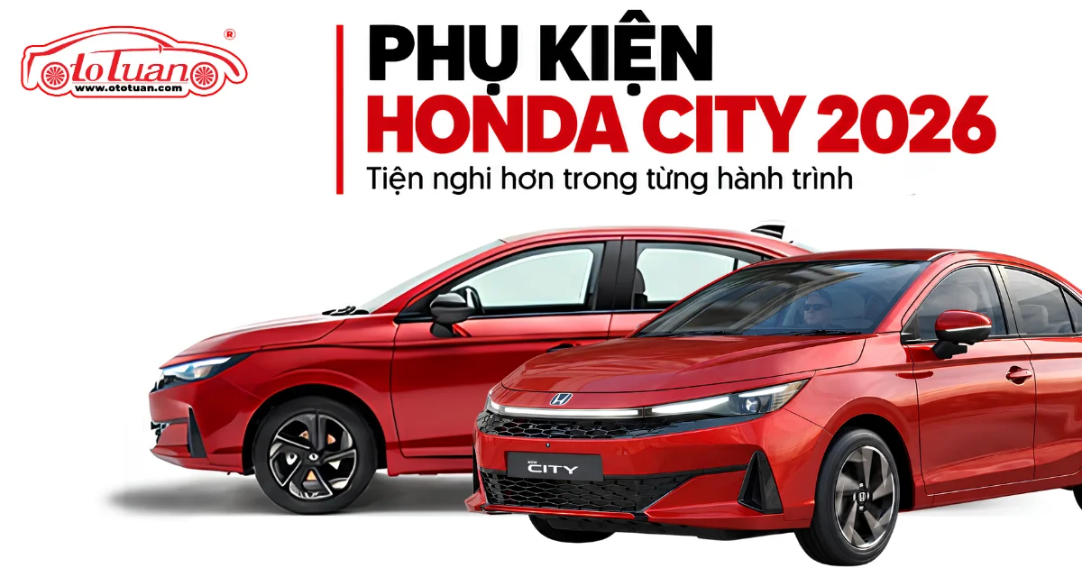 Honda City màu đỏ ở góc nhìn ngang và góc trước, minh họa bài giới thiệu phụ kiện.