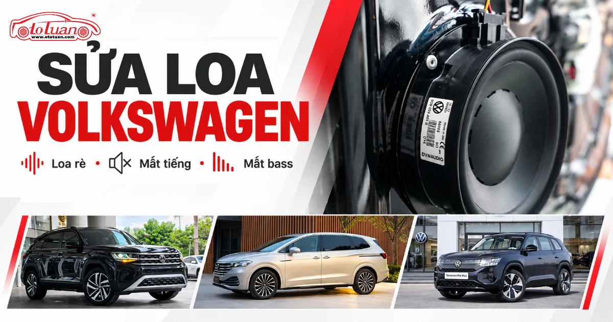 Ảnh bìa sửa loa Volkswagen tại Ô tô Tuấn, gồm loa Dynaudio và các mẫu Teramont, Viloran, Teramont Pro Max.
