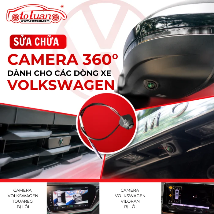 Camera tại gương, đầu và đuôi xe Volkswagen, kèm màn hình minh họa lỗi camera trên Touareg và Viloran.
