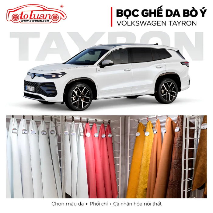 Volkswagen Tayron màu trắng cùng các mẫu da bò Ý nhiều màu dùng để tham khảo bọc ghế.