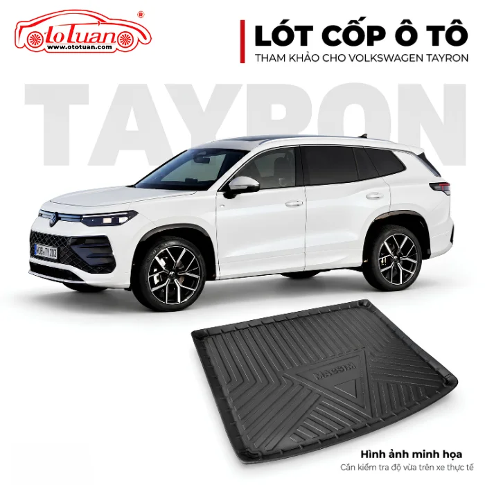 Volkswagen Tayron màu trắng cùng mẫu lót cốp MACSIM màu đen được dùng làm hình minh họa.