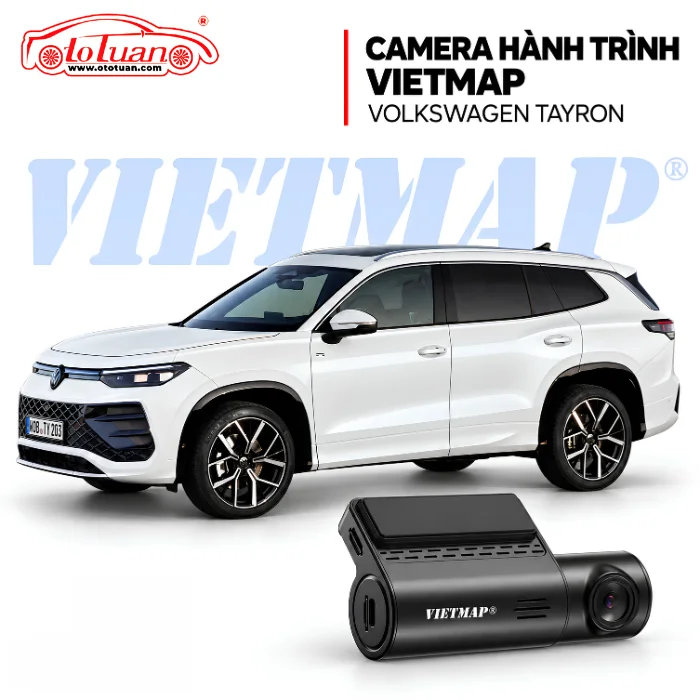 Volkswagen Tayron màu trắng và camera hành trình VIETMAP màu đen trên ảnh giới thiệu sản phẩm.