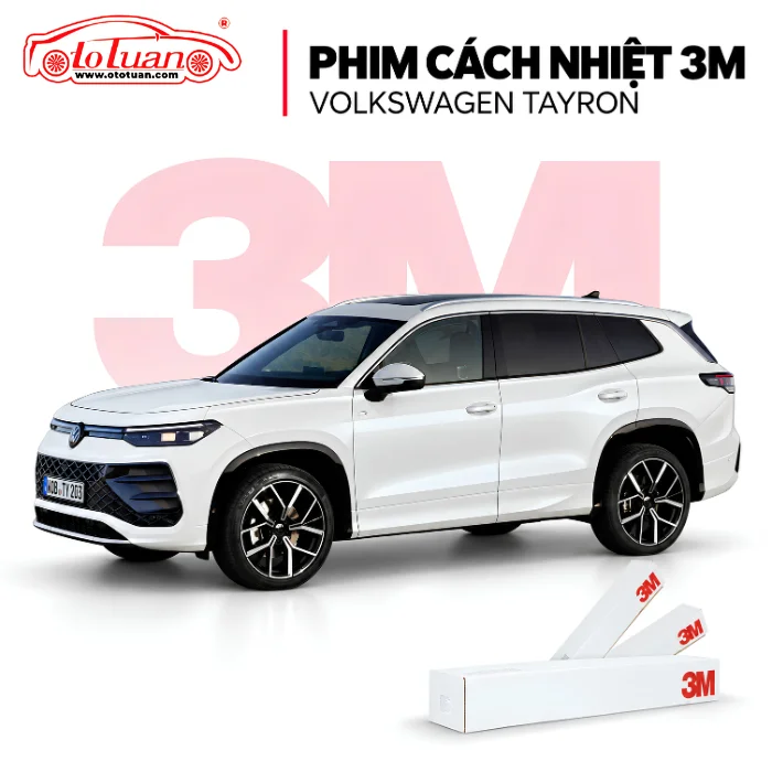 Volkswagen Tayron màu trắng cùng các hộp phim cách nhiệt 3M trên nền trắng.