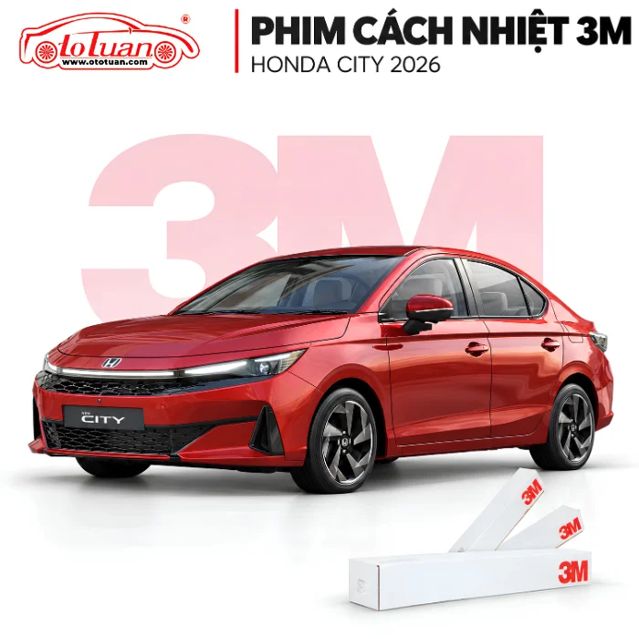 Honda City màu đỏ cùng ba hộp phim cách nhiệt 3M trên nền trắng.