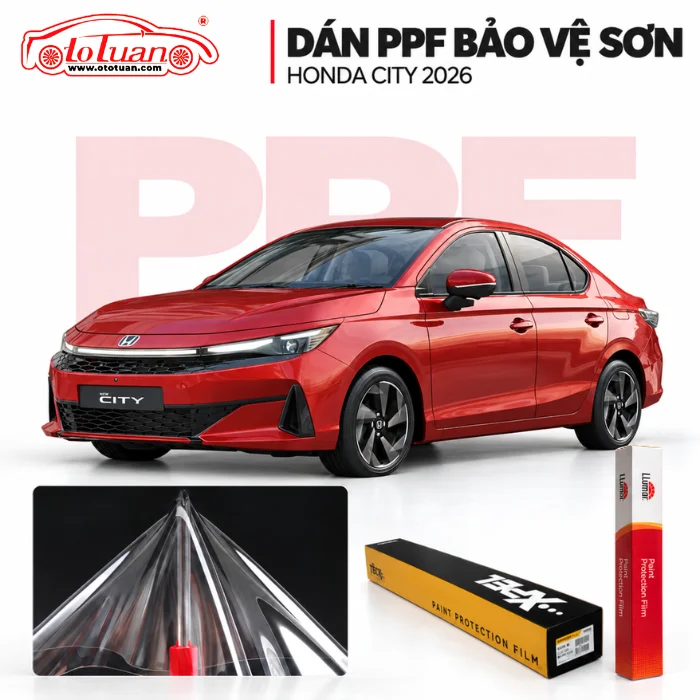 Honda City màu đỏ, mẫu phim PPF trong suốt và các hộp phim bảo vệ sơn.