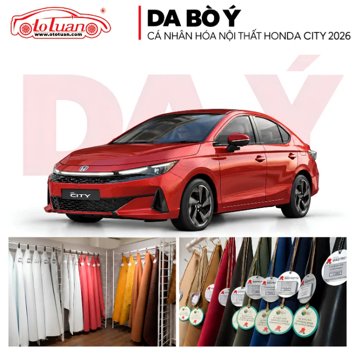 Honda City màu đỏ bên trên các tấm da và bảng mẫu da bò Ý nhiều màu.