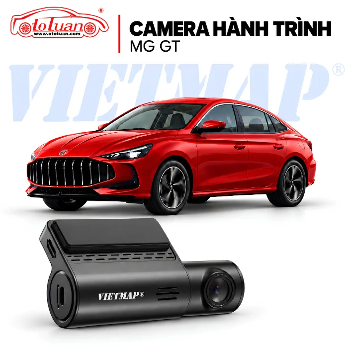Ảnh minh họa MG GT màu đỏ cùng camera hành trình Vietmap màu đen.