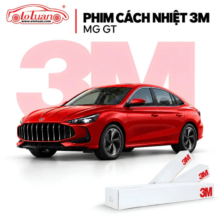 MG GT màu đỏ cùng hộp phim cách nhiệt 3M trên nền trắng.