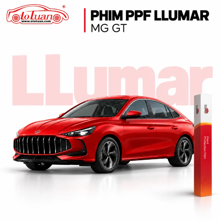 Ảnh minh họa MG GT màu đỏ bên cạnh hộp phim bảo vệ sơn LLumar.
