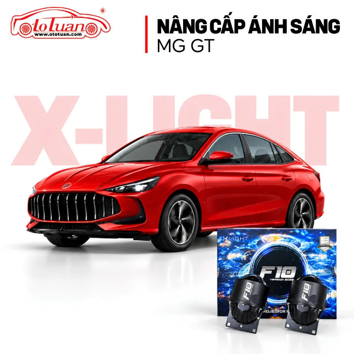 MG GT màu đỏ cùng bộ đèn X-Light F10 và hộp sản phẩm trên nền trắng.
