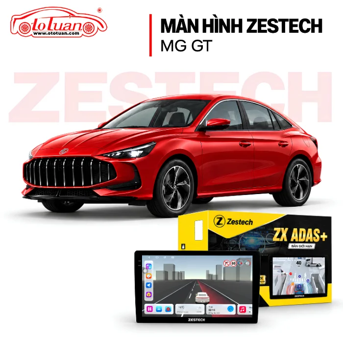 MG GT màu đỏ cùng màn hình và hộp Zestech ZX ADAS+ trong ảnh minh họa.