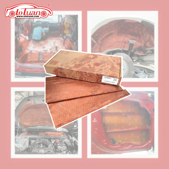 Tấm vật liệu và hộp Dr.Artex, phía sau là ảnh minh họa thi công tại sàn, hốc bánh và cửa xe.