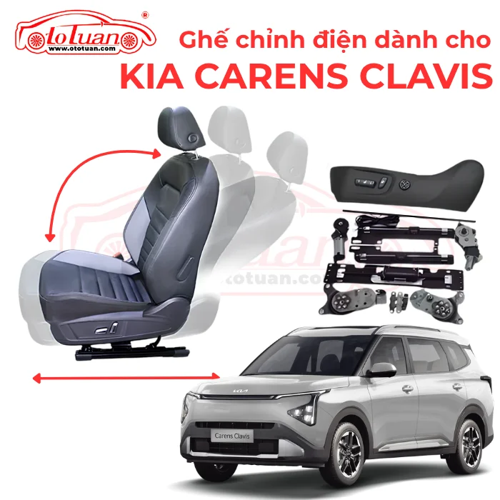 Minh họa ghế chỉnh điện, cụm nút điều khiển và cơ cấu ray ghế bên cạnh Kia Carens Clavis.