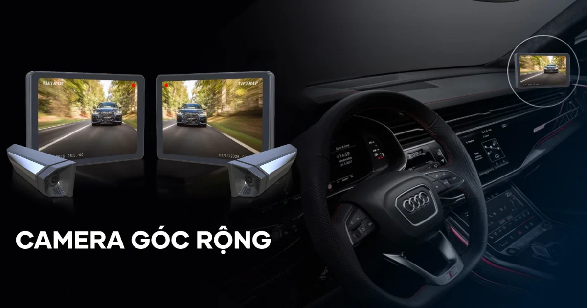 Hai camera và hai màn hình VIETMAP SC620, kèm hình minh họa vị trí màn hình trong khoang lái Audi.