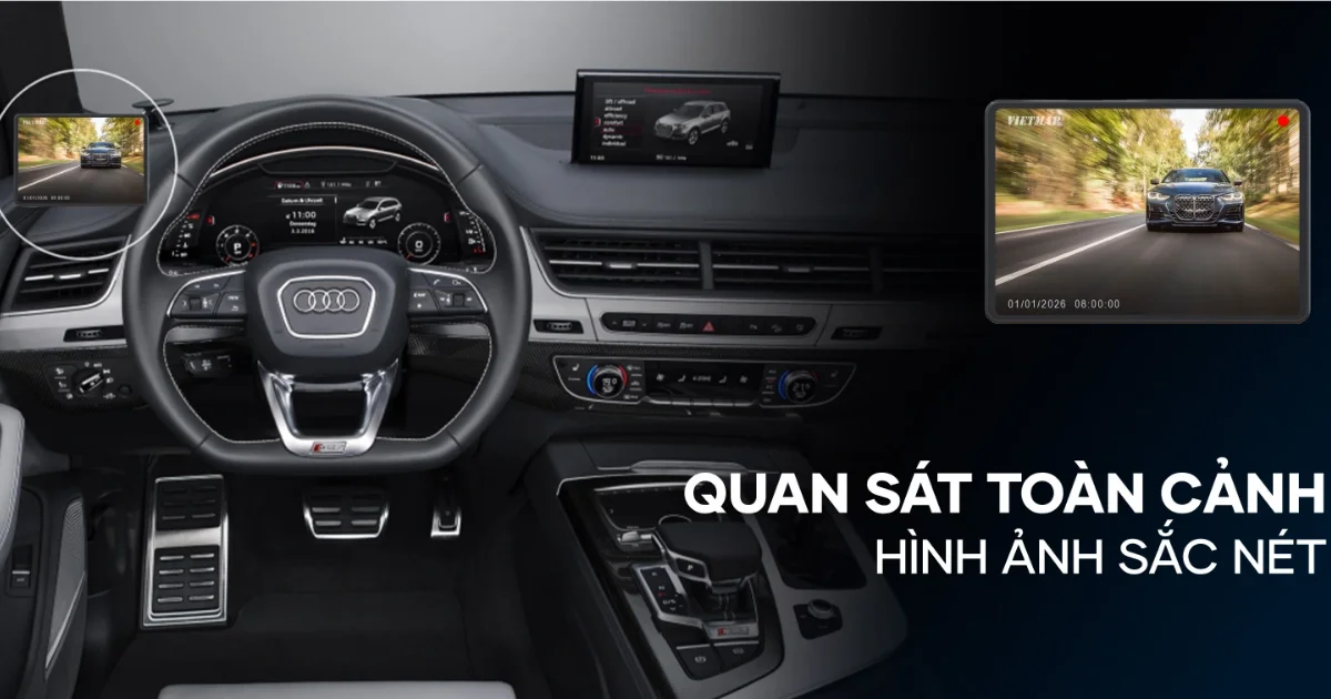 Khoang lái Audi với màn hình VIETMAP gần cột A bên trái và khung phóng lớn hình ảnh xe phía sau.