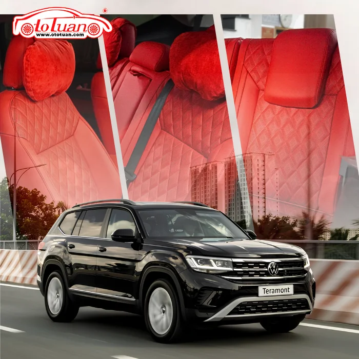 Ghế Volkswagen Teramont bọc màu đỏ, may họa tiết hình thoi trên tựa lưng.
