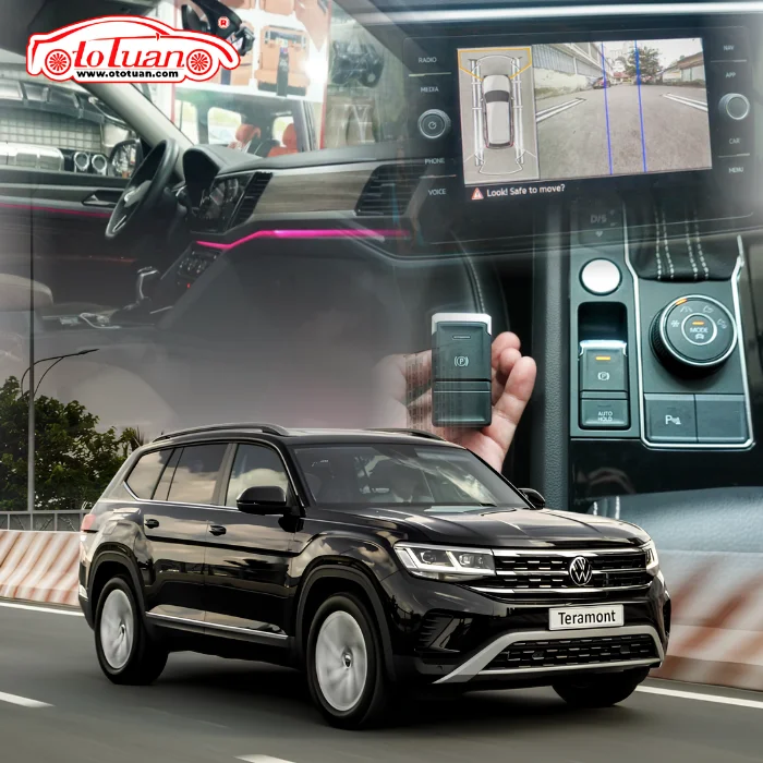 Camera toàn cảnh trên màn hình, cụm nút Auto Hold và đèn nội thất Volkswagen Teramont.