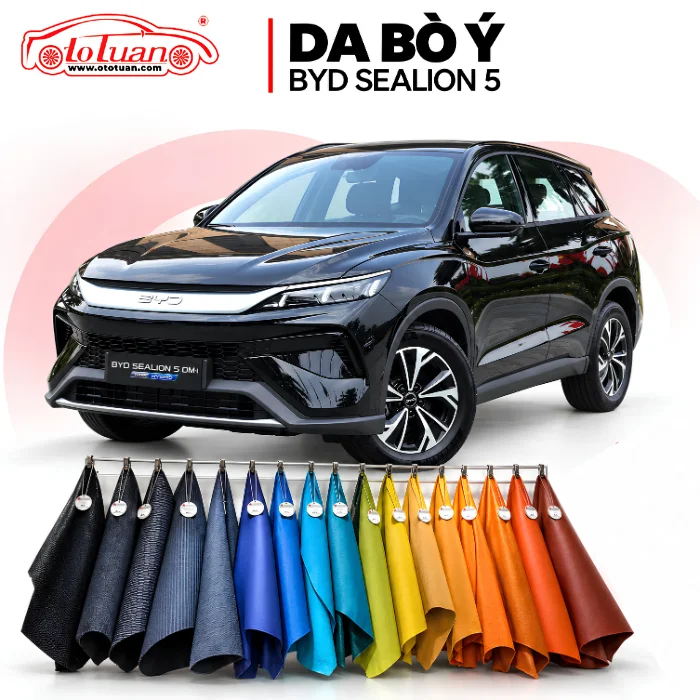 BYD Sealion 5 DM-i màu đen cùng các mẫu da bò Ý nhiều màu dùng minh họa lựa chọn bọc ghế.