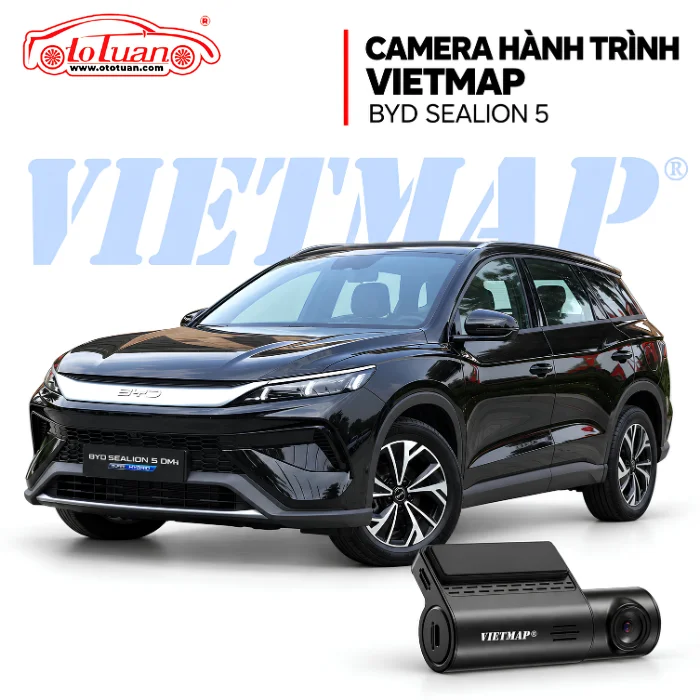 Ảnh ghép BYD Sealion 5 DM-i và camera hành trình Vietmap màu đen.