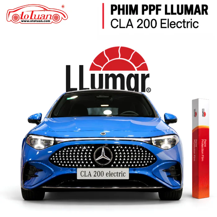 Ảnh minh họa Mercedes CLA 200 Electric màu xanh cùng hộp phim bảo vệ sơn PPF LLumar