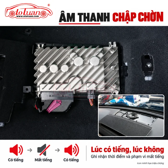 Ampli và loa trung tâm trên xe Volkswagen, kèm icon âm thanh luân phiên có tiếng và mất tiếng.