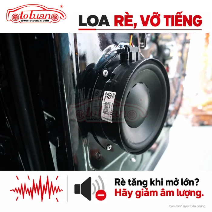 Cận cảnh loa cửa Dynaudio Volkswagen, kèm icon âm thanh rè và hướng dẫn giảm âm lượng khi tiếng rè tăng.