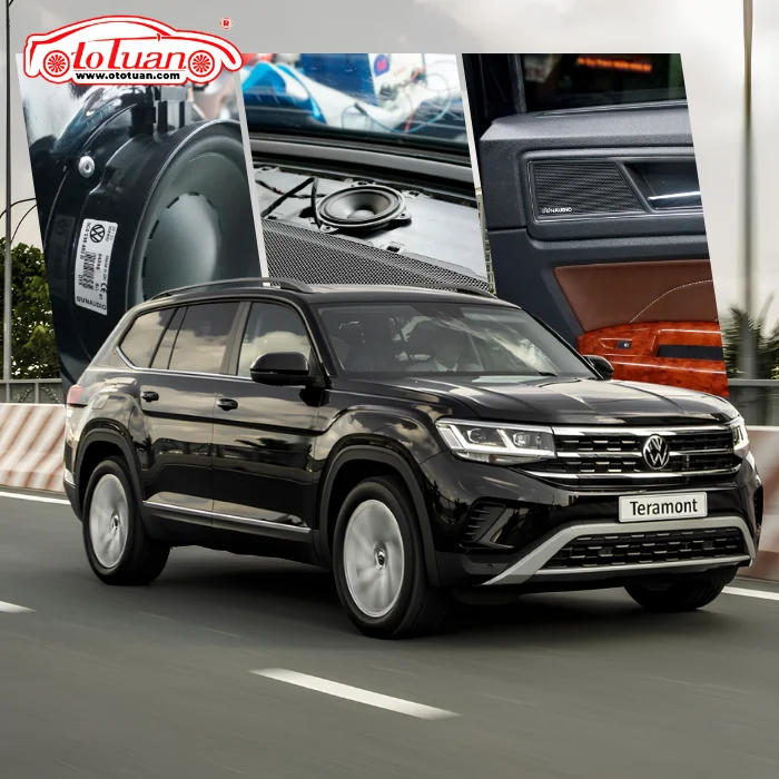 Ảnh ghép Volkswagen Teramont màu đen với loa cửa, loa trung tâm và lưới loa Dynaudio.
